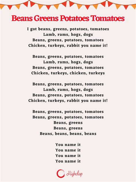 I got greens beans potatoes tomatoes lyrics - I got green, beans, potatoes tomatoes .. lyrics. Get lyrics of I got green, beans, potatoes tomatoes .. song you love. List contains I got green, beans, potatoes tomatoes .. song lyrics of older one songs and hot new releases. Get known every word of your favorite song or start your own karaoke party tonight :-).